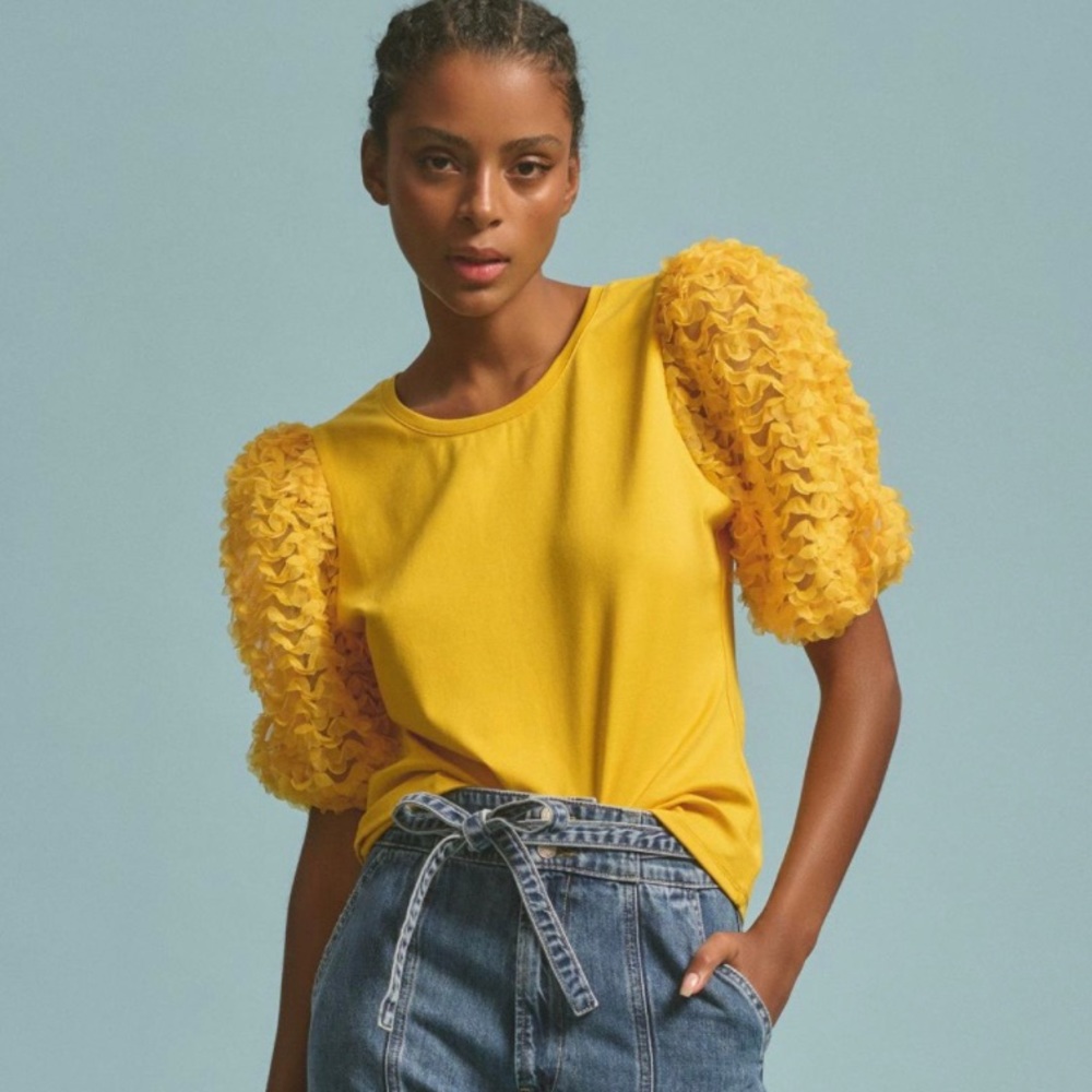Anthropologie Flat White Ruffle sleeve top